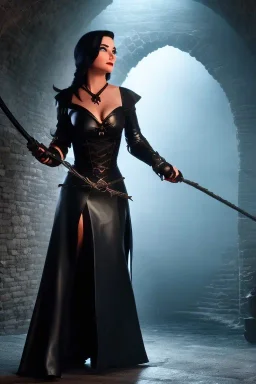 mature beautiful evil witch in black leather hobble dress with a whip in her hand, big chest, angry face, inside a dungeon