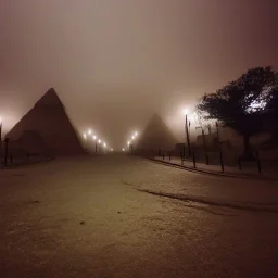  street view in night , Egyptian Pyramids, foggy, muddy floor, post apocalyptic, flying saucers in the sky