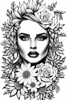 hyper detailed, black and white, thick line, coloring book illustration, lineart, stunningly beautiful woman in flowers