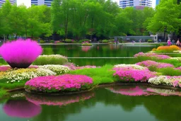 Modern city, people, pond, flowers