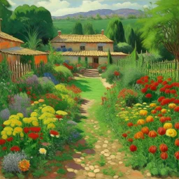 A garden in a small green town designed in Navajo woven art painted by Claude Monet