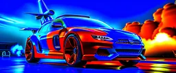 a military fighter jet station wagon hybrid designed by volkswagen only one vehicle per image painted metallic orange traveling at a high rate of speed, jet intake off of front center of vehicle and jet exhaust out the rear with bright blue flame