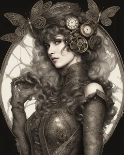 steampunk delicate metal woman, lacewings, black background