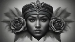 photoreal magnificent intricately engraved crossed roses crest on feathered magical dagger holstered on her native indian hip by lee jeffries, otherworldly, in the style of fantasy movies, photorealistic, shot on Hasselblad h6d-400c, zeiss prime lens, bokeh like f/0.8, tilt-shift lens 8k, high detail, smooth render, unreal engine 5, cinema 4d, HDR, dust effect, vivid colors
