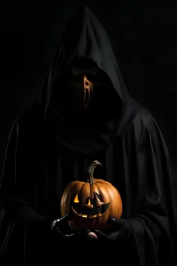 a man wearing a black cloak and his head is a lit jack o' lantern