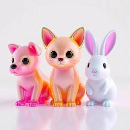 Colored translucent 3D small dog, cat, and rabbit displayed side by side, smooth glass and acrylic materials, pastel and neon color palette, clean minimalist background, soft studio lighting, refractive and reflective surfaces, product render style, cinema 4D, redshift, high detail, centered composition.