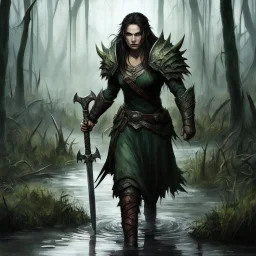 She is ready to face a strong enemy,cruel,blood and murderer inside the swamp.she knows that it will be a hard and difficult fight for her, but she is well prepared.she walks forward walking strides to the fierce encounter with the monster that confronts her only one of the two will come out alive from the swamp. and she wants it to be her