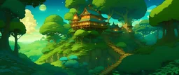 Create a 2D illustration in the Ghibli art style depicting a side view of a landscape. The scene should feature lush bushes with a large tree in the center, which serves as a unique treehouse with roofs intricately integrated into its branches. The background should showcase a daytime setting with a twinkling star-like light falling, all in the distinctive Ghibli art style. Additionally, scatter some leaf litter under the trees to add a touch of realism