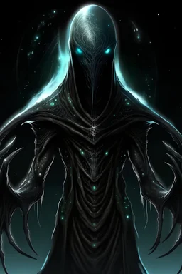 Alien body is slender and elongated, covered in dark, leathery skin with iridescent patterns reminiscent of the vast cosmos. Their eyes are large and haunting, glowing.has a mouth filled with sharp, jagged teeth that gleam with a metallic sheen. a tattered, black cloak adorned with moon and star symbols,Their hands are adorned with long, bony fingers, each ending in a sharp, metallic claw. twisted, asymmetrical crown made of thorns