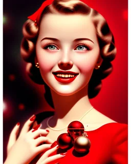 girl in red dress, close up portrait, Christmas, smiling, cute, beautiful, 1940s