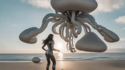 Wide angle shot of a woman with dark hair in a silver robotic catsuit, standing on a beach, flying mushrooms with octopus tentacles floating above her