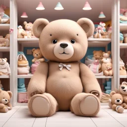 3d imge of big teddy sit on middle of baby shop or baby store