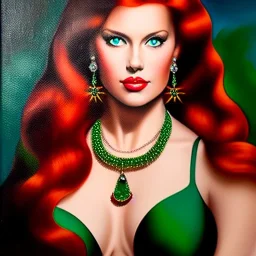 oil Portrait on canvas of busty beautiful young Red Sonja with big crystal clear green eyes looking to viewer, tattooed , with ruby necklace by Adam hughes 8k