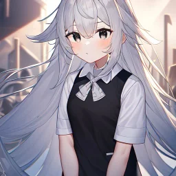 Clear focus, High resolution, Rough line, cute, cartoon style, black long hair, fluffy hair, long locks, spiky hair, wearing a white shirt with a black vest, wearing a white collar and a grey bow, wearing a white skirt, black eyes