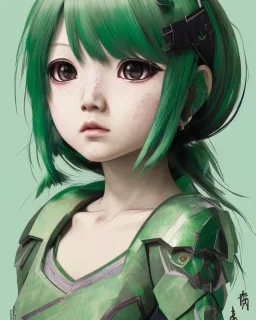 Detailed anime child girl, green hair, black and green dragon scale armour, intricate details, full body portrait, keep head in frame, slight smile, black Japanese motif, concept art, highly detailed, digital painting, concept art, sharp focus, illustration, art by Yoji Shinkawa, WLOP and greg rutkowski and alphonse mucha and artgerm and yanjun Chen and Junji ito and Makoto Shinkai, HDR, octane render