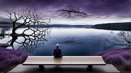 back to the camera on amorphe bench a non bynare human figure sitting, a beautiful landscape and overlooking the water of the nearby lake, calm, harmonious atmosphere, muted dark colors, purple, white, gray, brown, silver, blue, pale colors, , not too colorful colors, Whimsical style and giant stunning neuron network all over the sky surreal stunning vibe
