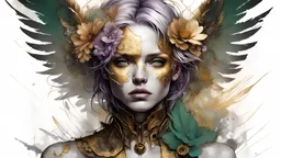 white background, golden Angel, tattoo, feathers, steampunk, fantasy, old canvas, torn cracks, flowers, cyberpunk, gold, silver, green lilac color, mystical, glow, golden makeup, fine drawing, high detail, high resolution, 8K, 3D, Daniel Castan Carne Griffiths Andreas Lee Russ Mills