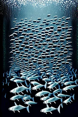 a school of ASCII fish swimming by; artwork of a school of fish made with English computer keyboard characters