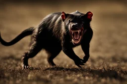 A captivating image of a attacking angry Tasmanian devil in its natural habitat., poised on a vast field with a stark contrast between light and dark, conveys a powerful sense of tension. In this expertly captured photograph, the predatory animal stands tall, its muscular frame oozing strength and dominance. The sharpness of every detail accentuates the creature's primal aura, from its razor-sharp teeth and piercing eyes to its sleek, glossy fur. This mesmerizing image.