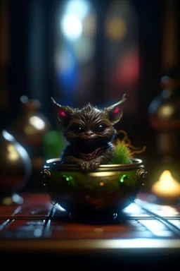 awake within a magical nightmare, cauldron with shining sigil and containing a slightly alien fur ball gremlin in it, prize winning oil painting, ,bokeh like f/0.8, tilt-shift lens 8k, high detail, smooth render, down-light, unreal engine