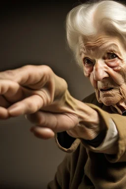 Old woman pointing a finger of her yellowing claw-like hand