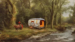 gypsy caravan in a woodland with pathway and river