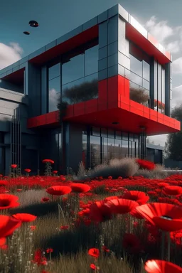 An advance modern house from the future surrounded with red poppies growing out of a zombie