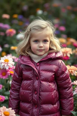 Autochrome, petite fille, douce, dans un jardin, elle porte une doudoune en bonbons.
