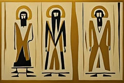 (three:2) determined ancient Jews (wearing Jewish jewelry:2), acrylic painting, minimal art, centered, wild sparse brushstrokes, amazing verticals, great parallels, low bleak colors of gold, beige and black, excellent negative space contrasts