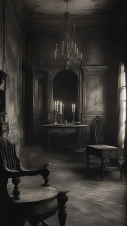 Generate an image of the interior of a haunted castle with dilapidated furniture and dim candlelight, capturing the haunting ambiance of 'Diabel' (1972). Include subtle ghostly apparitions or spectral figures