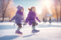 pencil drawing, pastel colours, in the foreground we see a purple knitted scarf falling on the ice, in the background cute cjibi children are skating happily in sunshine, ethereal, cinematic postprocessing, bokeh, dof