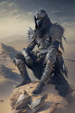 Arab warrior Full Body Full Armored Wearing Face Masculine Mysterious Powerful Fantasy High Quality with his bow black clothes Sitting on a hill