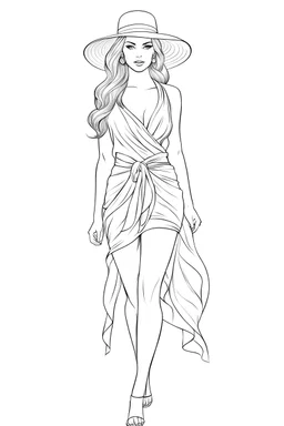 Coloring page for adults of a elegant fashion model woman wearing beach outfit with sarong, dynamic poses, full body portrait, thick and clean lines, clean details, no-color, no-turban, , non background, non color, non shading, no-grayscale, dynamic poses, full body portrait, thick and clean lines, clean details, no-color, no-turban, , non background, non color, non shading, no-grayscale