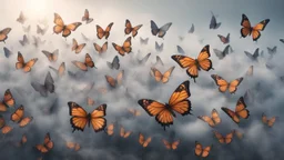 Many butterflies made of braids disappearing into the distant mist, epic photo, sharp on highly detailed skin with wrinkles and high contrast, photorealistic, 4K, 3D, realism, hyperrealism, detail, good lighting, detailed texture, modern photography style, 3D , 4D, 4K --2:3