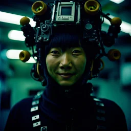 Japanese Solarpunk hacker cyborg: Lush Void, documentary photography, animorphic, captivating moments, smile, award-winning photography, shot on Agfa, taken with Hasselblad --ar 4:5