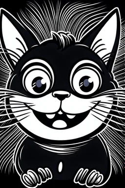 "Create a whimsical, black-and-white line art illustration of a playful and goofy cat. The cat should have exaggerated features, including large, bulging eyes, a wide, toothy grin, and a tongue sticking out. The fur should be depicted with detailed, expressive lines to convey a sense of fun and mischief. Ensure the overall style is cartoonish and engaging, suitable for a coloring page."