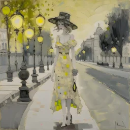 Whimsical and crazy painting of a full body young woman in a soft and dreamy style. The figure standing in the boulevard under a gas lamp shining a pale yellow light is shown in shades of gray and white, with red and yellow dots for emphasis. She wears a flowing black muslin dress and a black wide-brimmed hat, which gives her a graceful and elegant look. The background is abstract, with dull tones that blend together to create a misty atmosphere. Large, stylish red flowers frame the scene, with