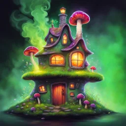 mushroom house on a floating green space island. Bright Crystals protrude from under island. The A lantern casts light on the door. wispy green smoke rising from a chimney. Bold Bright Colors, Stark Dark background. Fantasy Style. High Quality, Painterly, Whimsical, Fun, Imaginative, Bubbly,