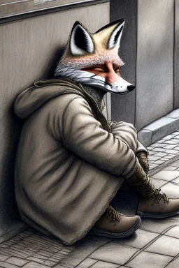 One single mature homeless fox with worn out clothes, sleeping in a corner on the street, Vienna, mourning, model style, hyper realistic, extremely accurate, delicate, extremely detailed, Graphic novel style, wide-angle, open aperture, superfine pencil