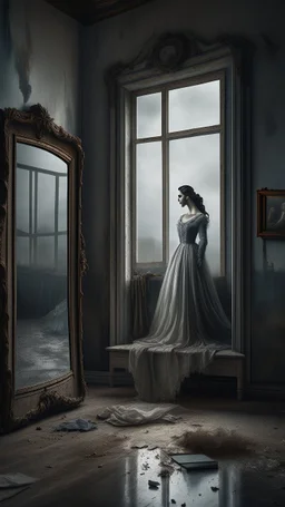An old dusty wedding dress hanging on the wall in front of broken big mirror on the wall of an abandoned room , stormy foggy sky in the background, Bosch painting style, sad and tragic and dark scenes