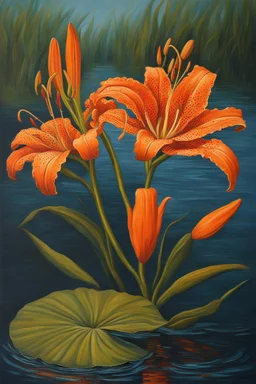 Orange tiger lily flower oil painting in the sea