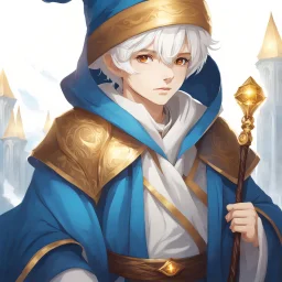 Fantasy World, A boy only wearing a closed wizards robe, and wearing a wizards hat. White Hair. Golden Eyes.