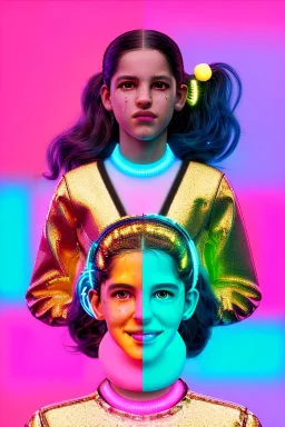 Rosalía artist, Ultra Realistic image, waist up portrait, perfect gold teeth, black eye line, sweet smile face, pigtails hair, spray line make up, geometric, gold, big rings piercing, led ornament, bubble latex coat, inflatable, cold, led lights, geometric, neon, pink, blue, gold, vibrant color, highly detailed, art stations, concept art, smooth, unreal engine 5, god rays, ray tracing, RTX, lumen lighting, ultra detail, volumetric lighting, 3d, finely drawn, high definition, high resolution.