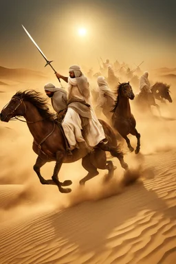 A picture of an Islamic battle with swords and horses, in the desert