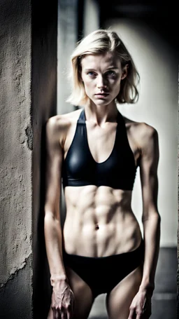 beautiful anorexic woman, total shot, short shiny black triathlon swimsuit, short blond wavy bob hair, blurred concrete background