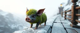 fast and clever cute little evil moss pig named on wild chase , on icy bridge, motion blur, standing by the guard rails, fantasy 3d realm