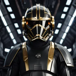 star wars bald male corellian pilot wearing pearlescent black and gunmetal grey First Order special forces heavy assault armor and helmet with gold trim inside the jedi temple, centered portrait, hyperdetailed, dynamic lighting, hyperdetailed background, 8k resolution, volumetric lighting, light skin, fully symmetric details