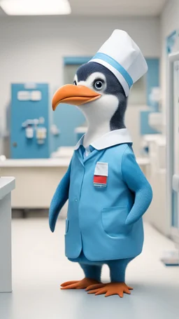 Un pingouin bleu portant l'uniforme d'un dentiste à l'intérieur de la clinique