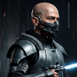 star wars bald male corellian pilot wearing pearlescent black and gunmetal grey First Order special forces heavy assault stealth commando armor and helmet with gold trim inside the jedi temple, hyperdetailed, dynamic lighting, hyperdetailed background, 8k resolution, volumetric lighting, light skin, fully symmetric details