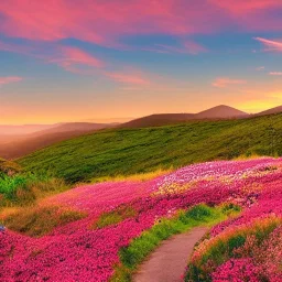 paysage collines roses, coucher de soleil, fleurs